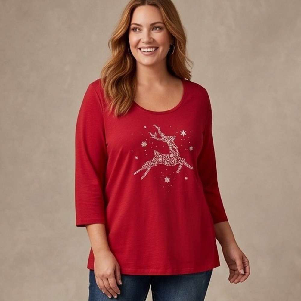 Catherines Womens 2X Reindeer Graphic‎ Tee Red 3/4 Sleeve Holiday T-Shirt